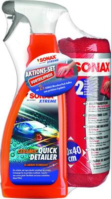 SONAX XTREME Ceramic QuickDetailer mit MicrofaserTücher Außen AktionsSet | 750 ml Set in Schrumpffolie