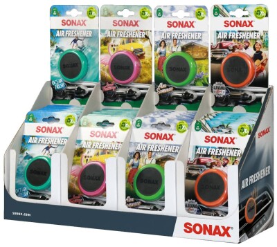 SONAX Air Freshener Thekendisplay gemischt | 24 Stück Karton-Kunststoff-Blister mit Euroloch