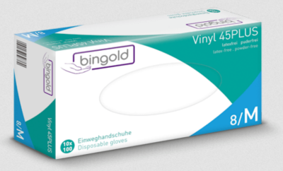 BINGOLD Vinyl 45PLUS Einmalhandschuhe | transparent | Gr. M | 100 Stück | puderfrei